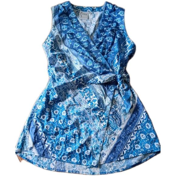 Finley Tops - Cottagecore Porcelain Print Wrap Top Blue White Paisley Tank M Garden Party Prep